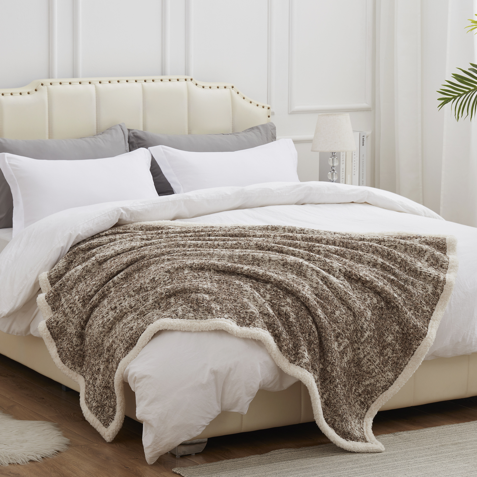 Sherpa Throw Blanket 30% Wool & 70% Cotton - Coffee - Image 2