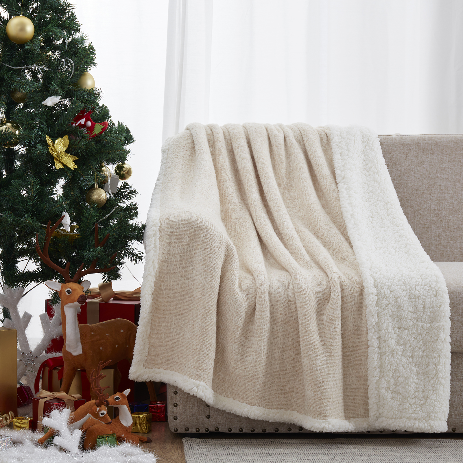 Sherpa Throw Blanket 30% Wool & 70% Cotton - Cream - Image 3