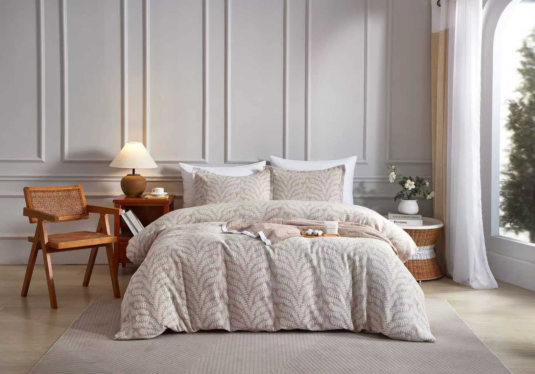 The Jacquard Cotton Linen Duvet Cover Set - Beige Leaf