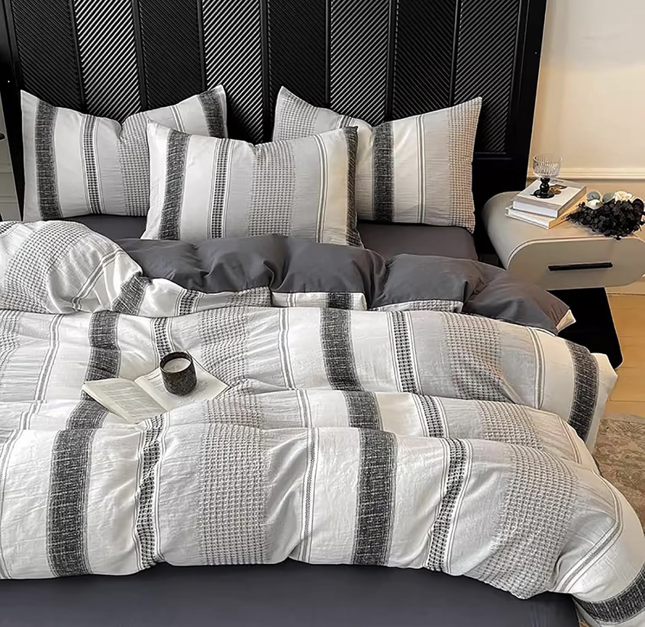 The Jacquard Cotton Linen Duvet Cover Set - Charcoal Grey