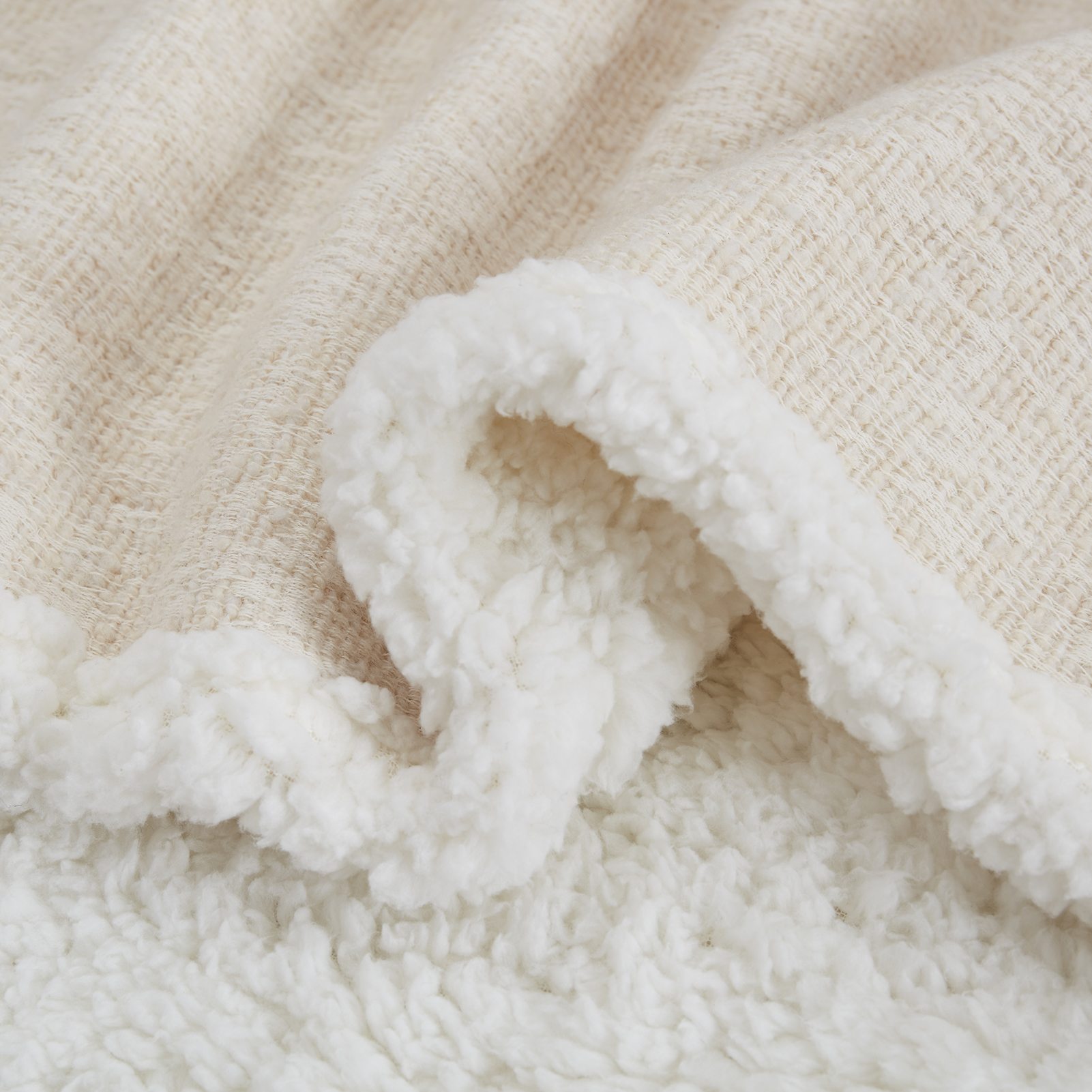 Sherpa Throw Blanket 30% Wool & 70% Cotton - Cream - Image 2