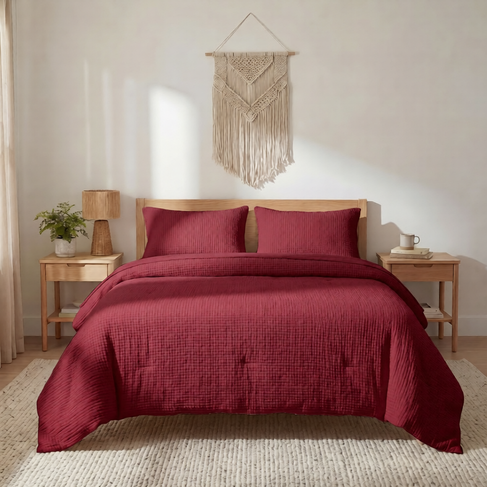 Muslin 100% Cotton 4-Layer Gauze Duvet Cover Set - Burgundy