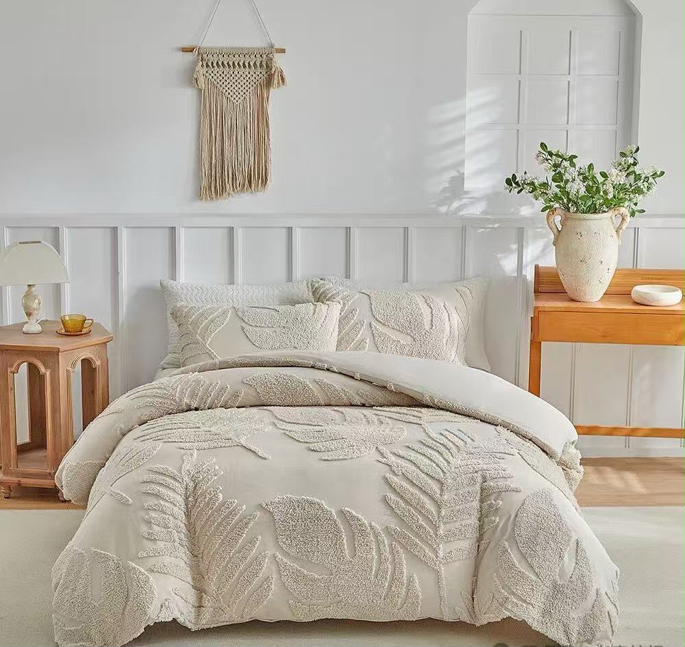 Soft Microfiber Eden Tufted Leaf Duvet Cover Set - Beige
